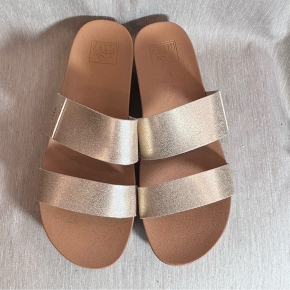 REEF Sz 10 Cushion Vista Hi Champagne Gold Double Strap Slip On Platform Sandals - Picture 3 of 12